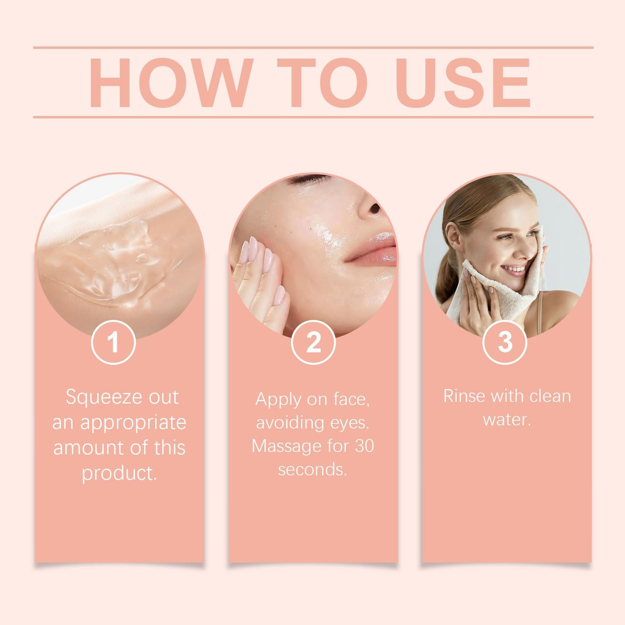 Step-by-step guide on how to use a skincare product with three images and text instructions.