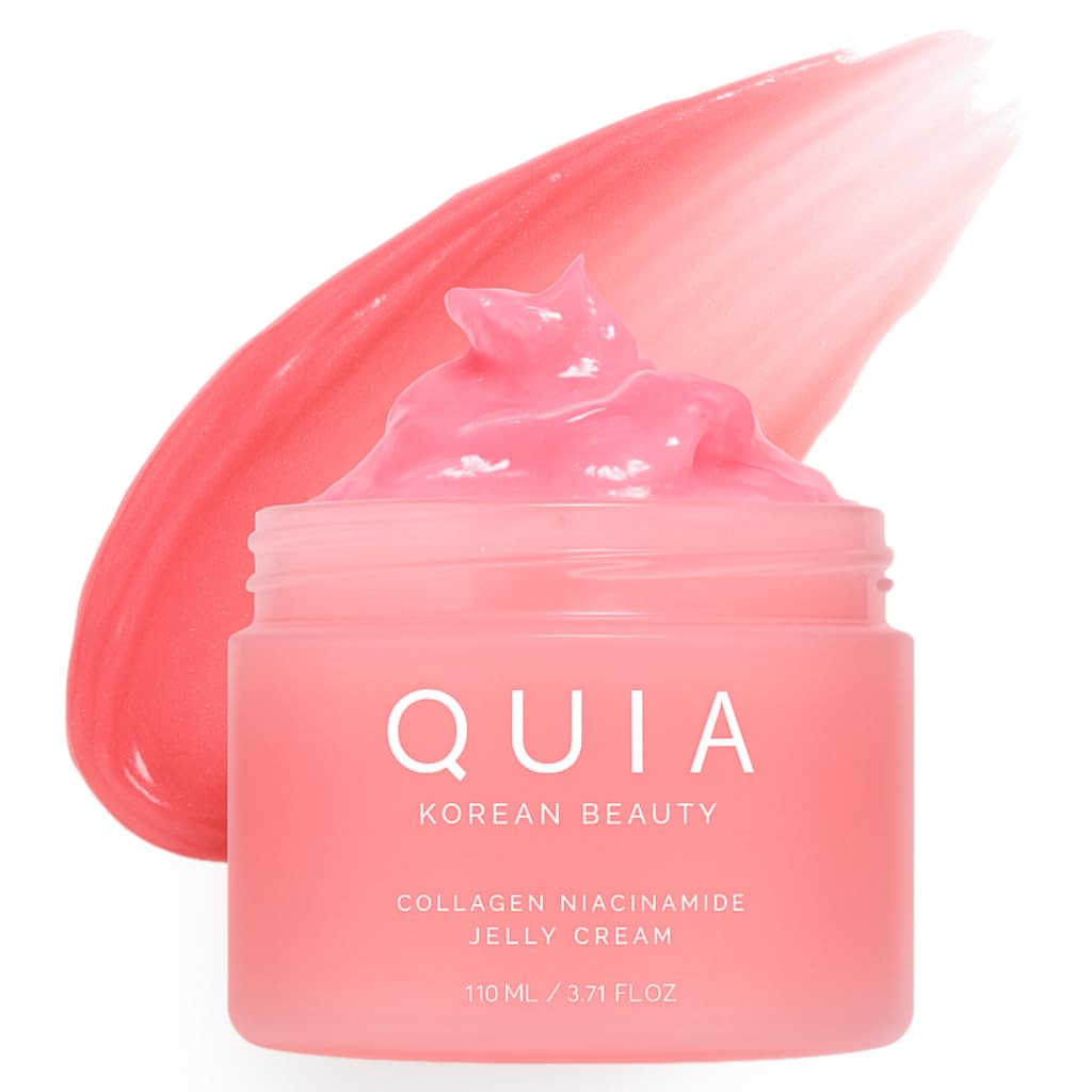 Pink jelly cream jar with 'QUIア' (Quia) branding on a white background