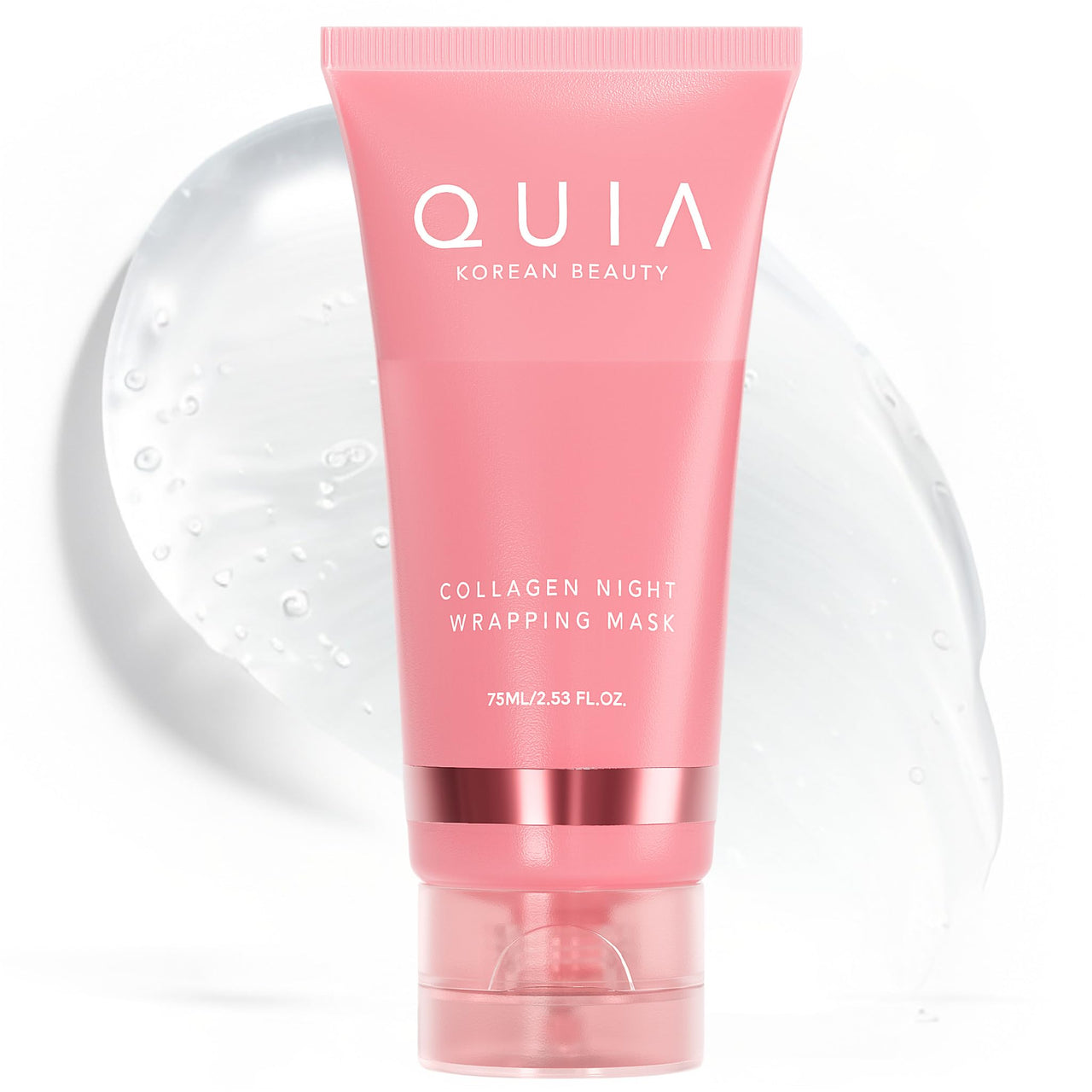 Pink tube of QUIA Korean Beauty Collagen Night Wrapping Mask on a white background