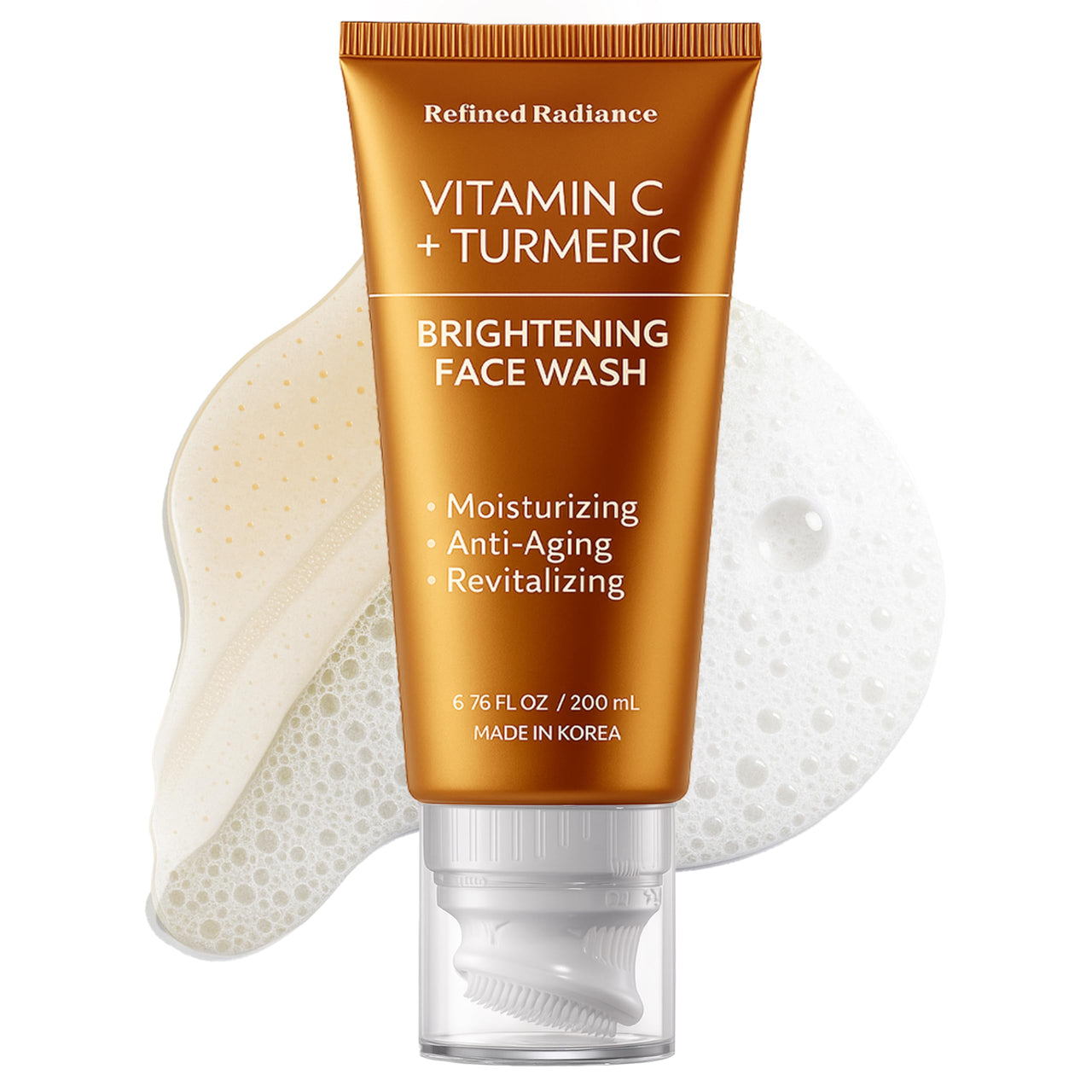 Vitamin C + Turmeric brightening face wash with visible cream on a white background