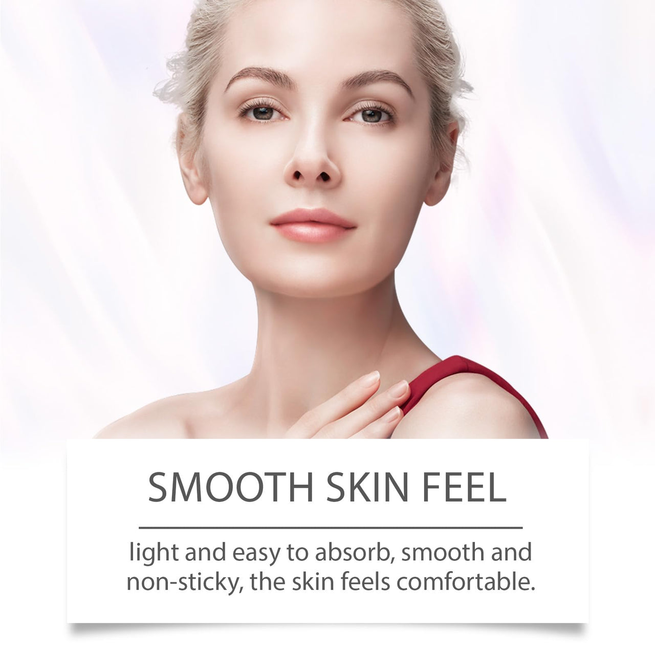 Woman with smooth skin on a white background with text about skin feel.