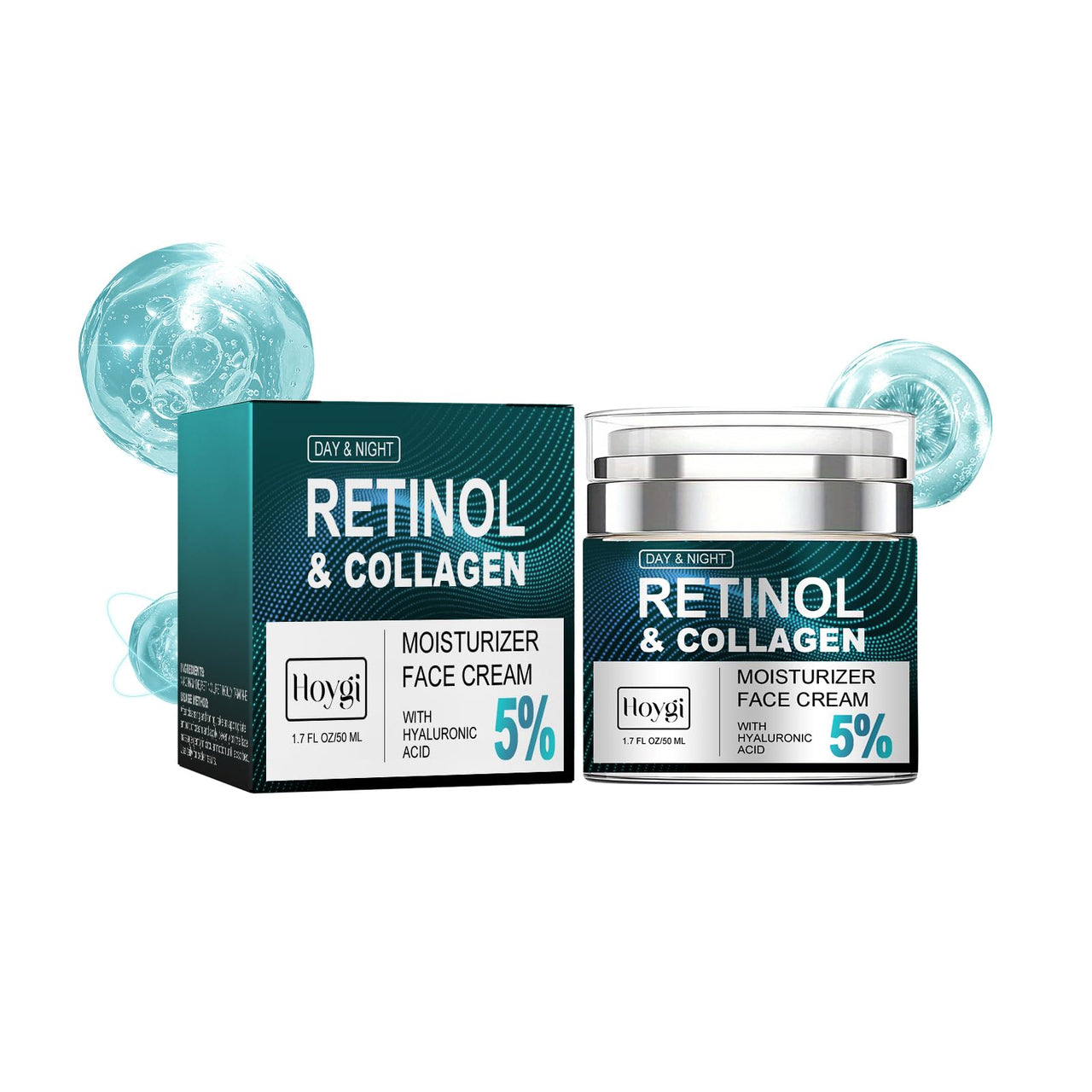 Retinol and collagen moisturizer face cream with packaging on a white background