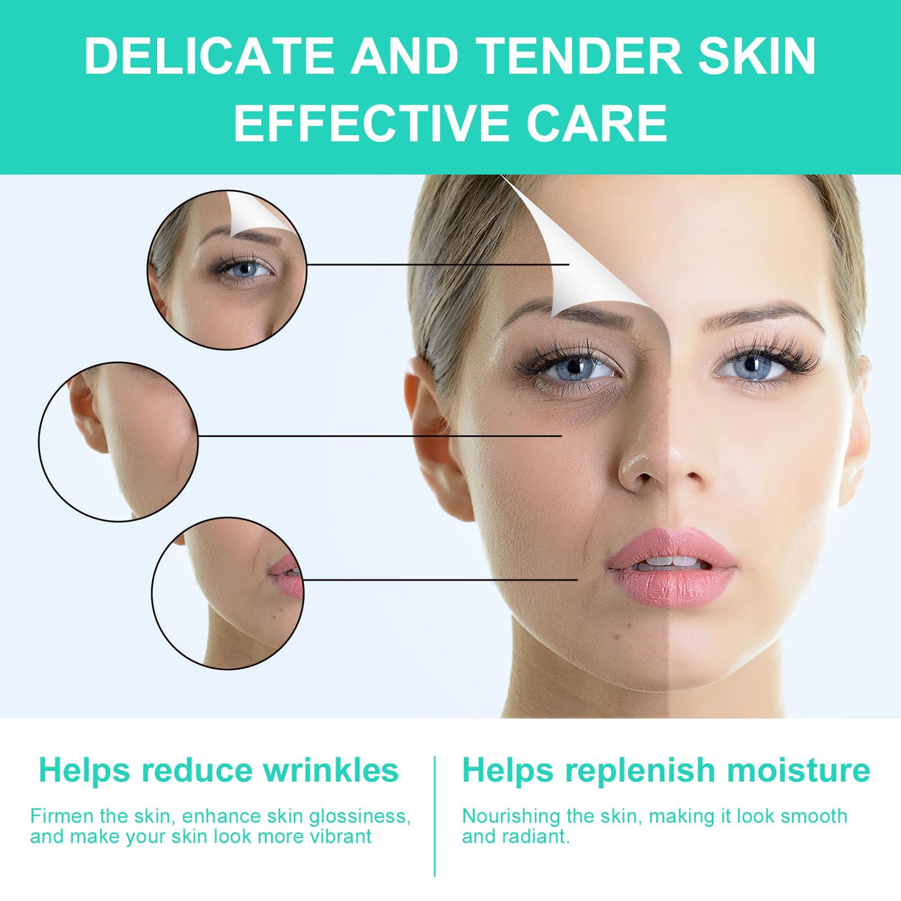 Advertisement for skin care product with a woman's face and close-ups of skin issues, set against a teal background.