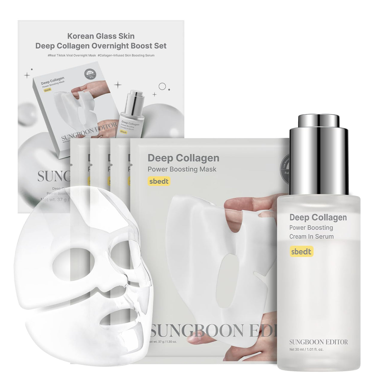 Sungboon Edt skincare product set including a mask, cream, and serum on a white background.