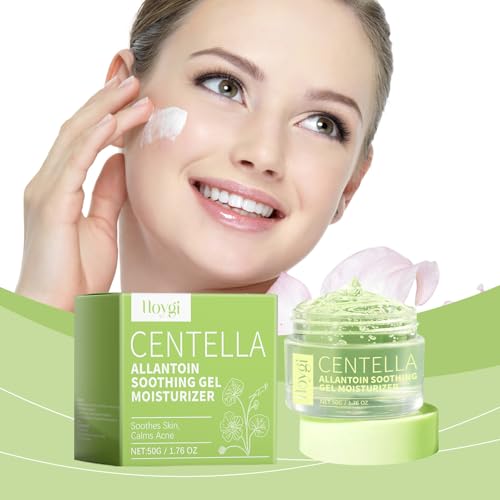 Woman applying cream to her face with a container of Centella Allantoin Soothing Gel Moisturizer in the foreground.