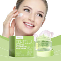 Thumbnail for Woman applying cream to her face with a container of Centella Allantoin Soothing Gel Moisturizer in the foreground.