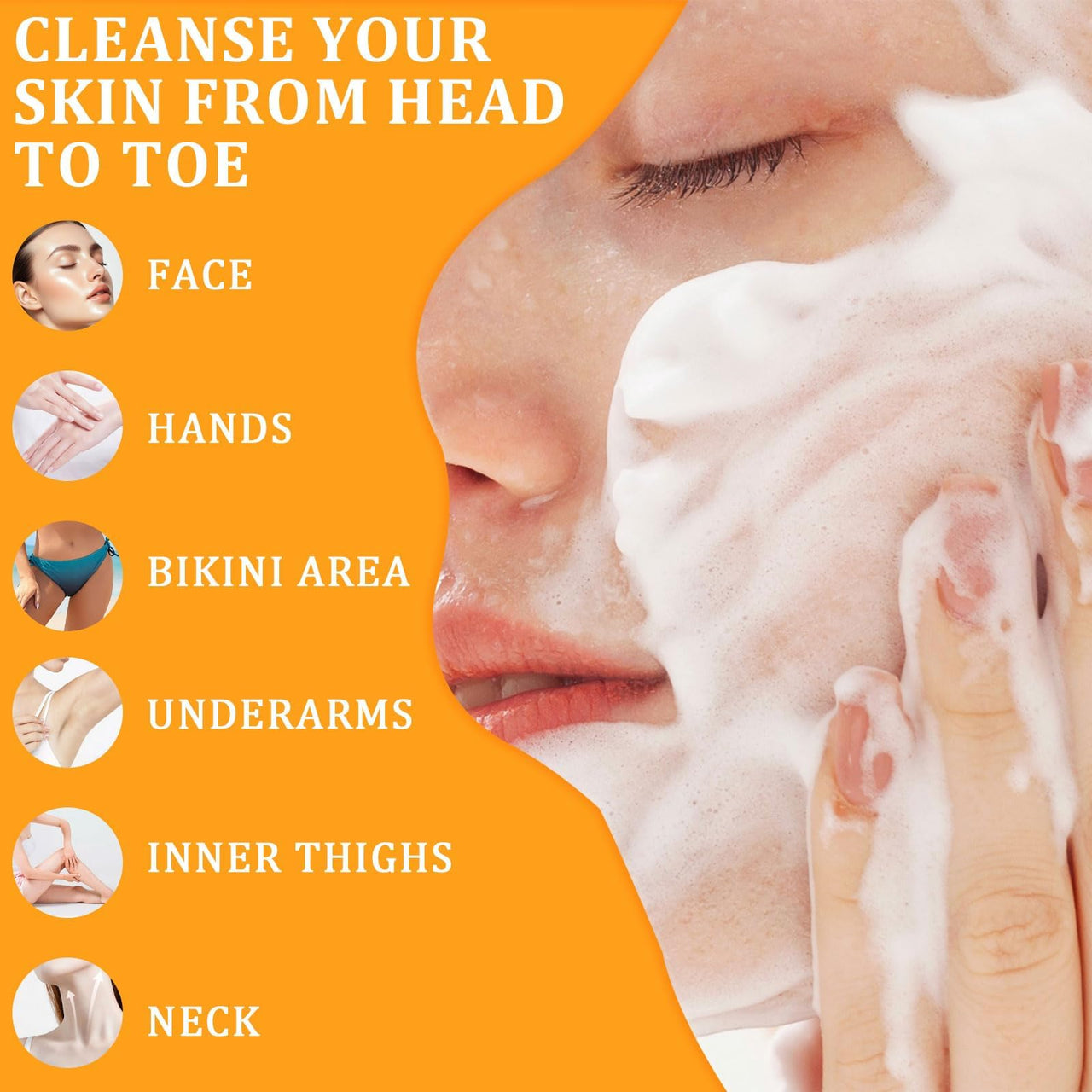 Advertisement for skin cleansing routine with a close-up of a person washing their face on an orange background.