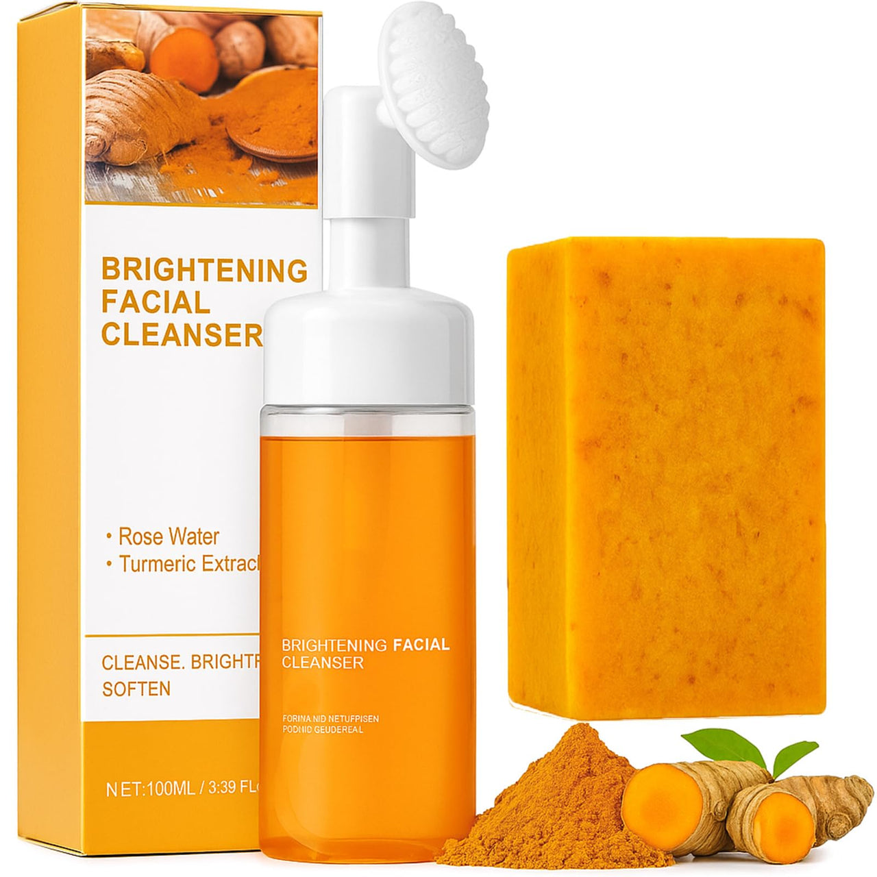 Brightening facial cleanser with packaging, scrub, and turmeric root on a white background