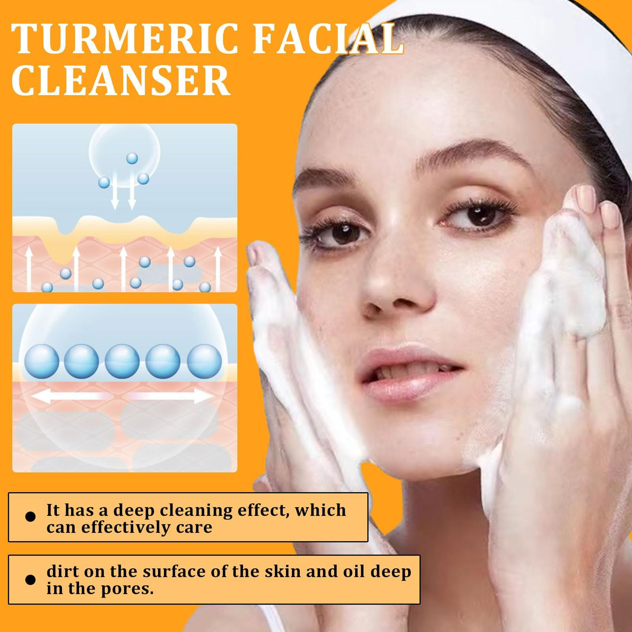 Woman applying turmeric facial cleanser with product description on an orange background