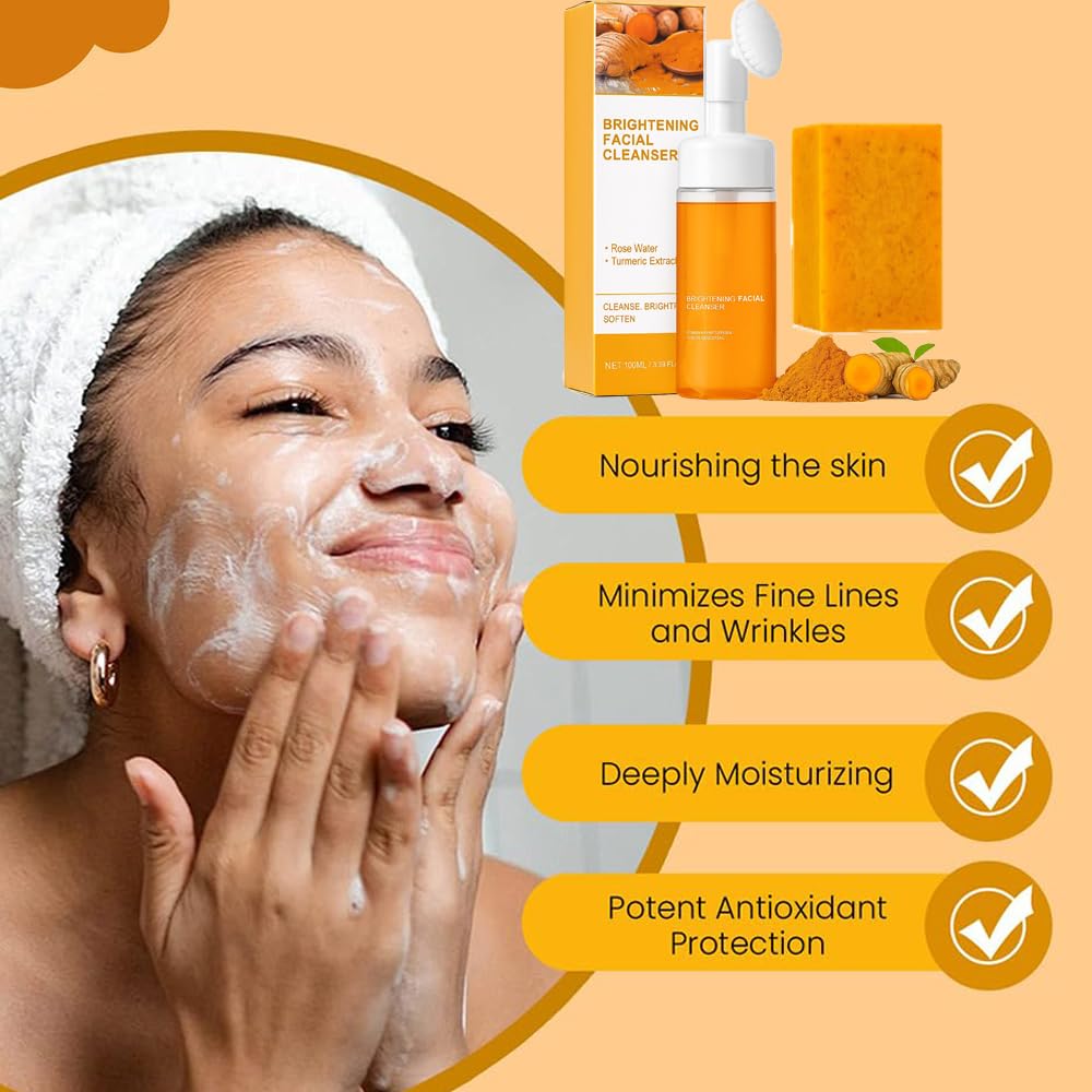 Woman applying facial cleanser with skincare product and benefits on an orange background
