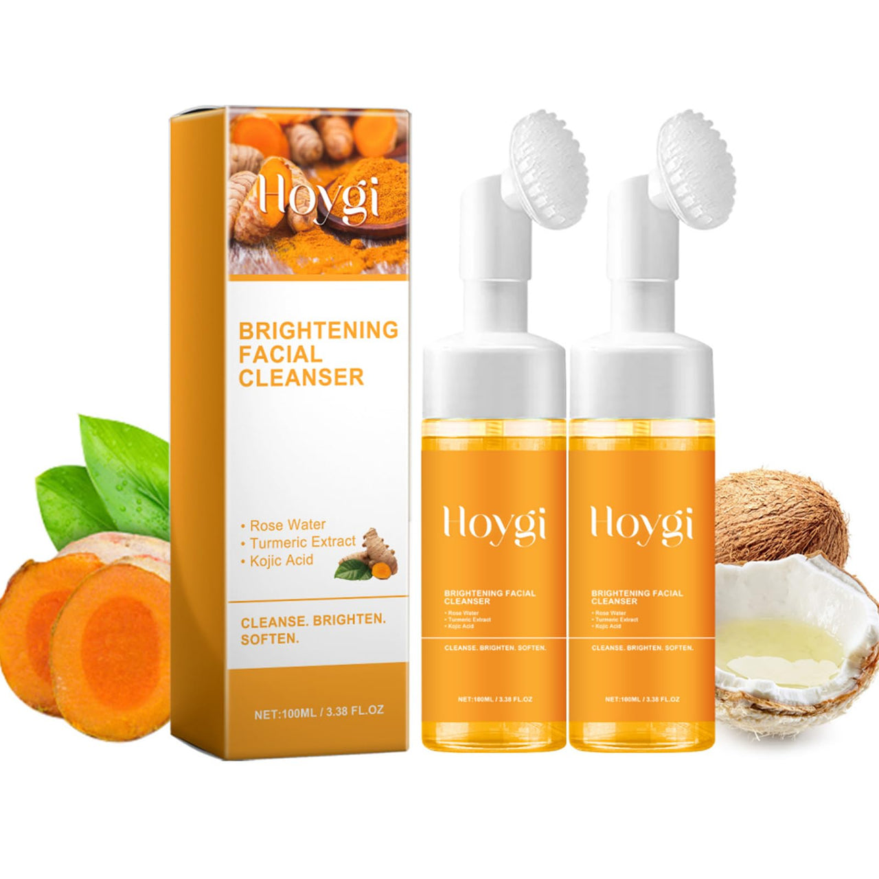 Hoygi brightening facial cleanser with packaging and natural ingredients on a white background