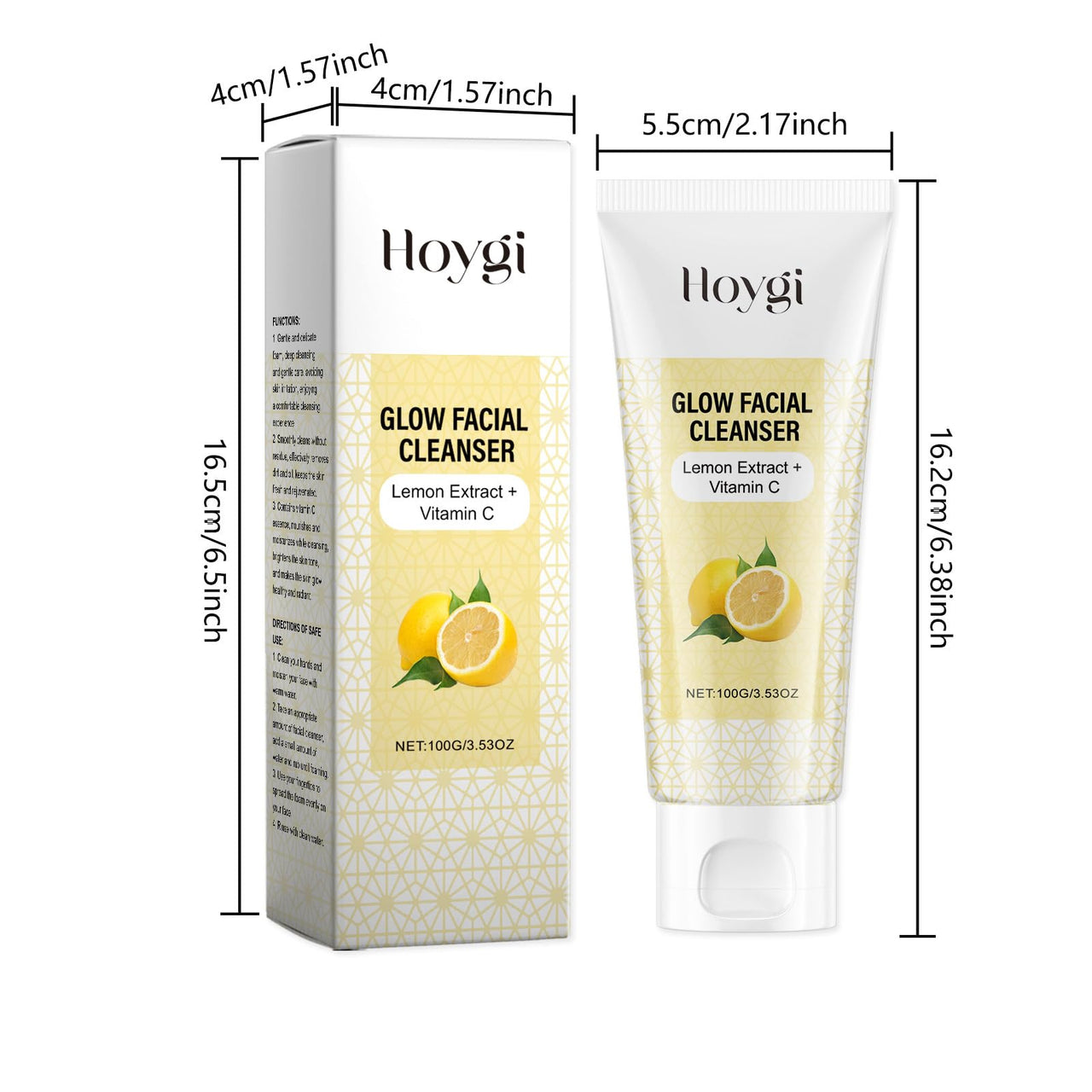 Hoygi Glow Facial Cleanser with packaging dimensions on a white background