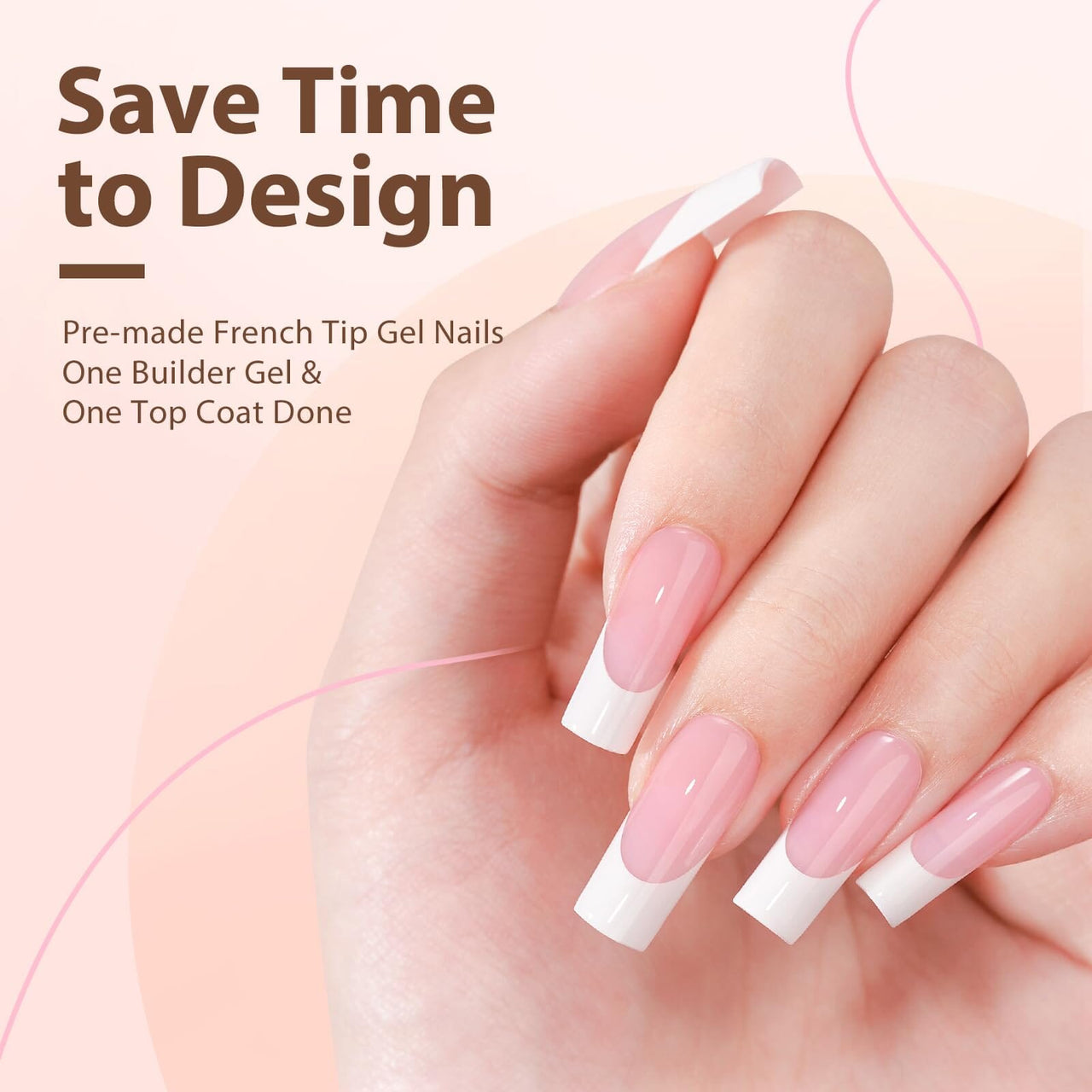 btartboxnails BTArtboxnails French Gel Nail Tips - French Tip Press on Nails Pink Long Square XCOATTIPS Pre-applied Tip Primer & Base Coat, No Need to File Fake Nails for Nail Art DIY