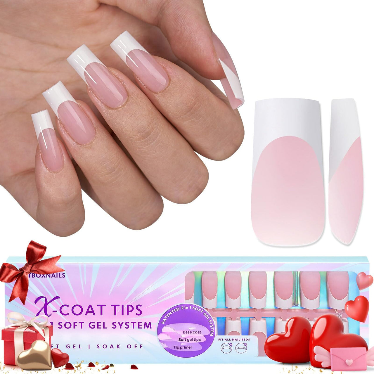 btartboxnails BTArtboxnails French Gel Nail Tips - French Tip Press on Nails Pink Long Square XCOATTIPS Pre-applied Tip Primer & Base Coat, No Need to File Fake Nails for Nail Art DIY