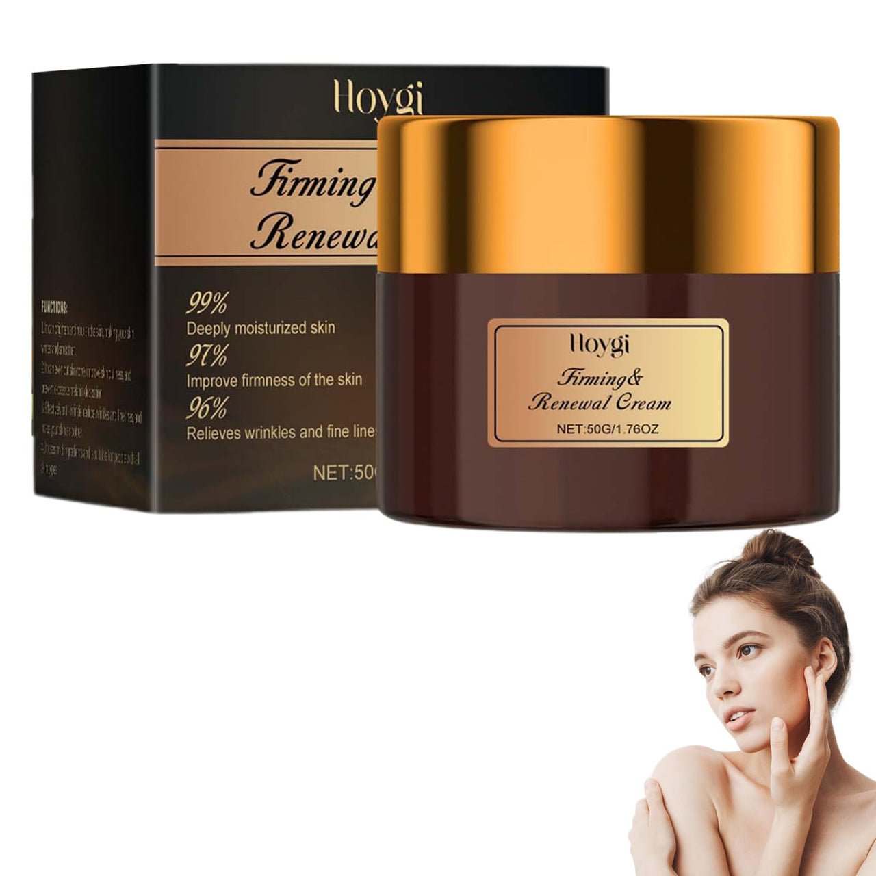 Hoygi Firming & Renewal Cream with packaging and a model showing skin improvement.