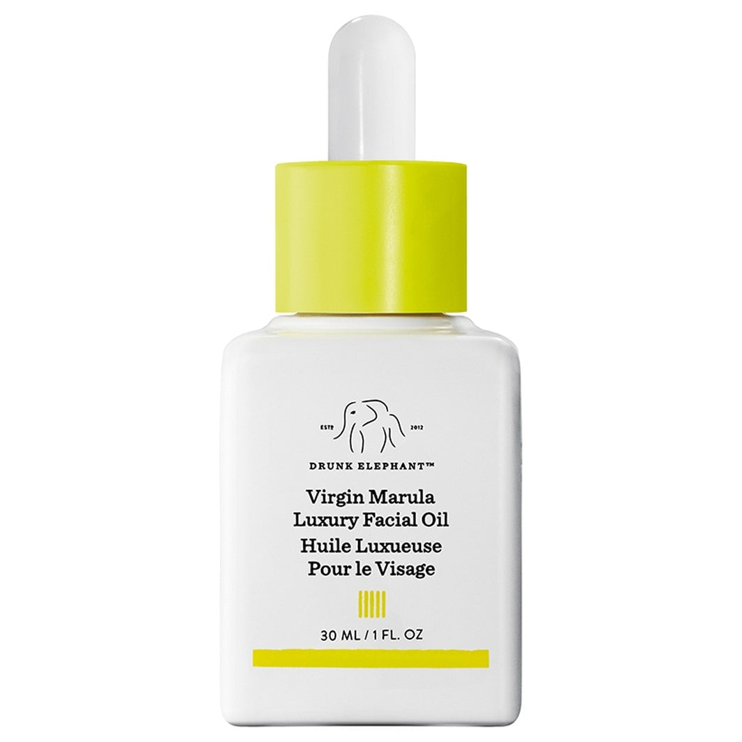 Drunk Elephant Virgin Marula Luxury Facial Oil with dropper on a white background