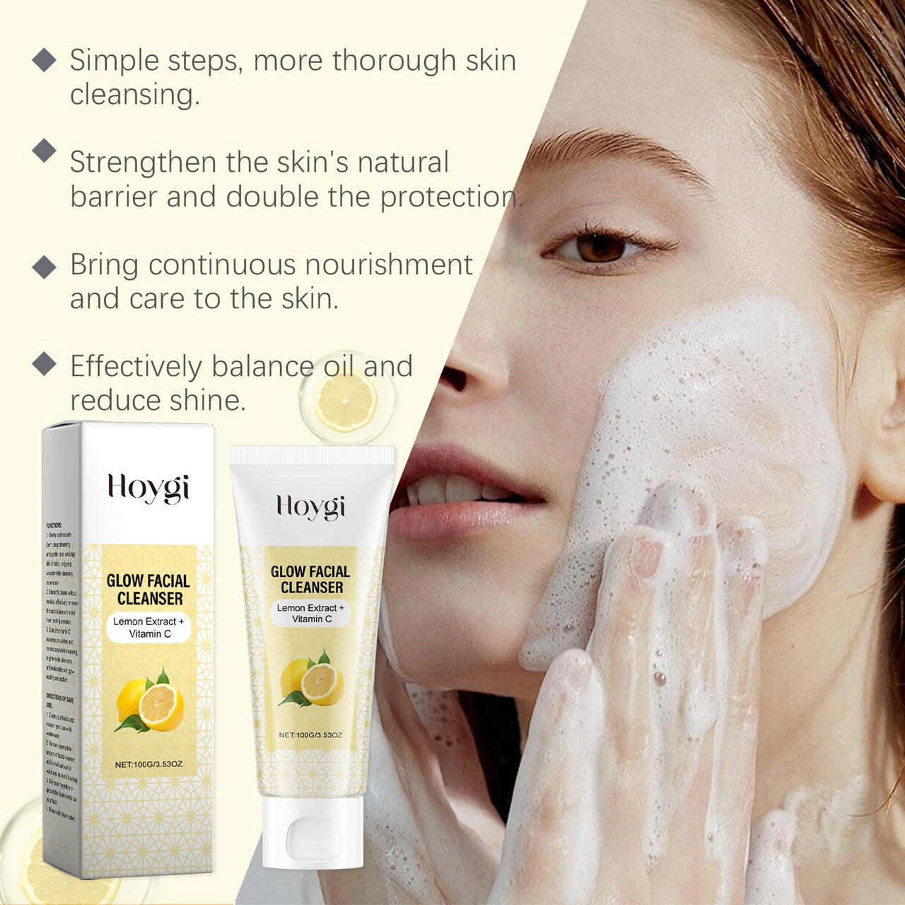 Hoygi Glow Facial Cleanser with a woman applying it to her face.