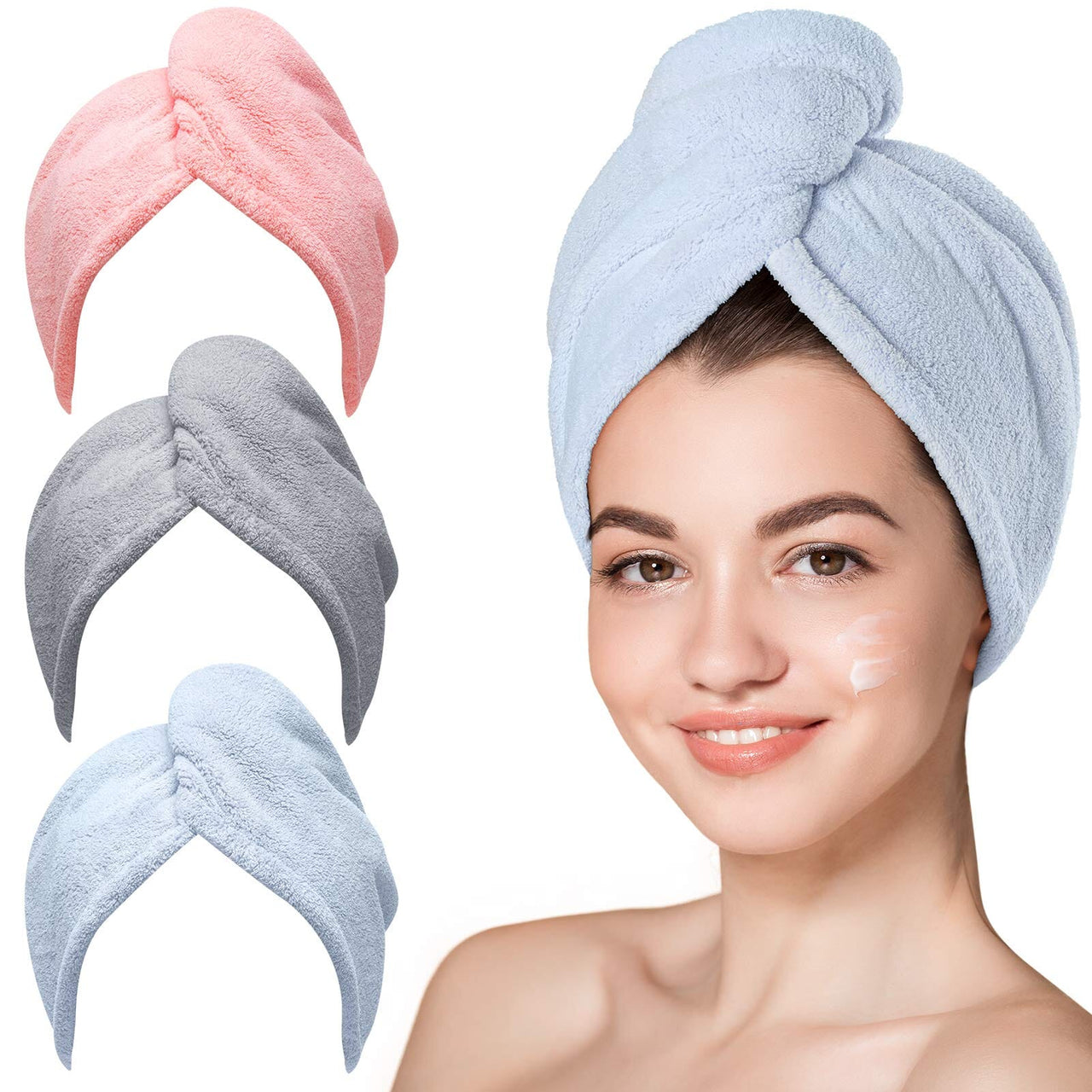 Hicober Hicober Microfiber Hair Towel, 3 Packs Hair Turbans for Wet Hair, Drying Hair Wrap Towels for Curly Hair Women Anti Frizz (Blue,Grey,Pink)
