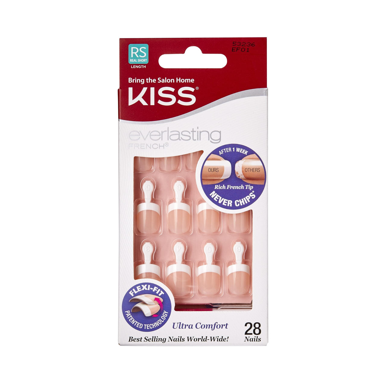 KISS KISS Everlasting Press On Nails, Nail glue included, Endless', French, Real Short Size, Squoval Shape, Includes 28 Nails, 2g Glue, 1 Manicure Stick, 1 Mini file