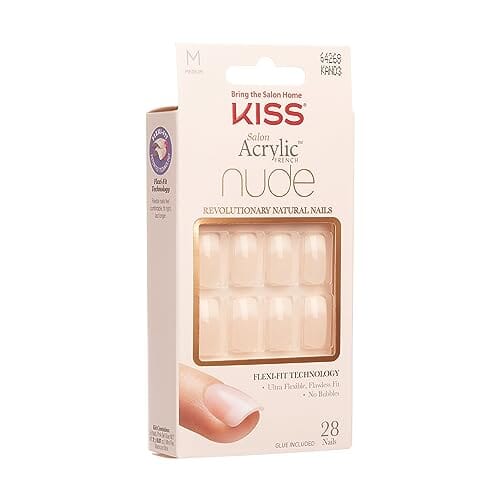 KISS KISS Salon Acrylic Press On Nails, Nail glue included, Cashmere', French, Medium Size, Squoval Shape, Includes 28 Nails, 2g Glue, 1 Manicure Stick, 1 Mini file