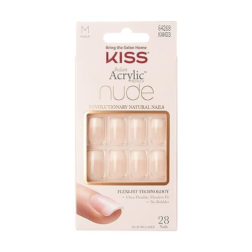 KISS KISS Salon Acrylic Press On Nails, Nail glue included, Cashmere', French, Medium Size, Squoval Shape, Includes 28 Nails, 2g Glue, 1 Manicure Stick, 1 Mini file