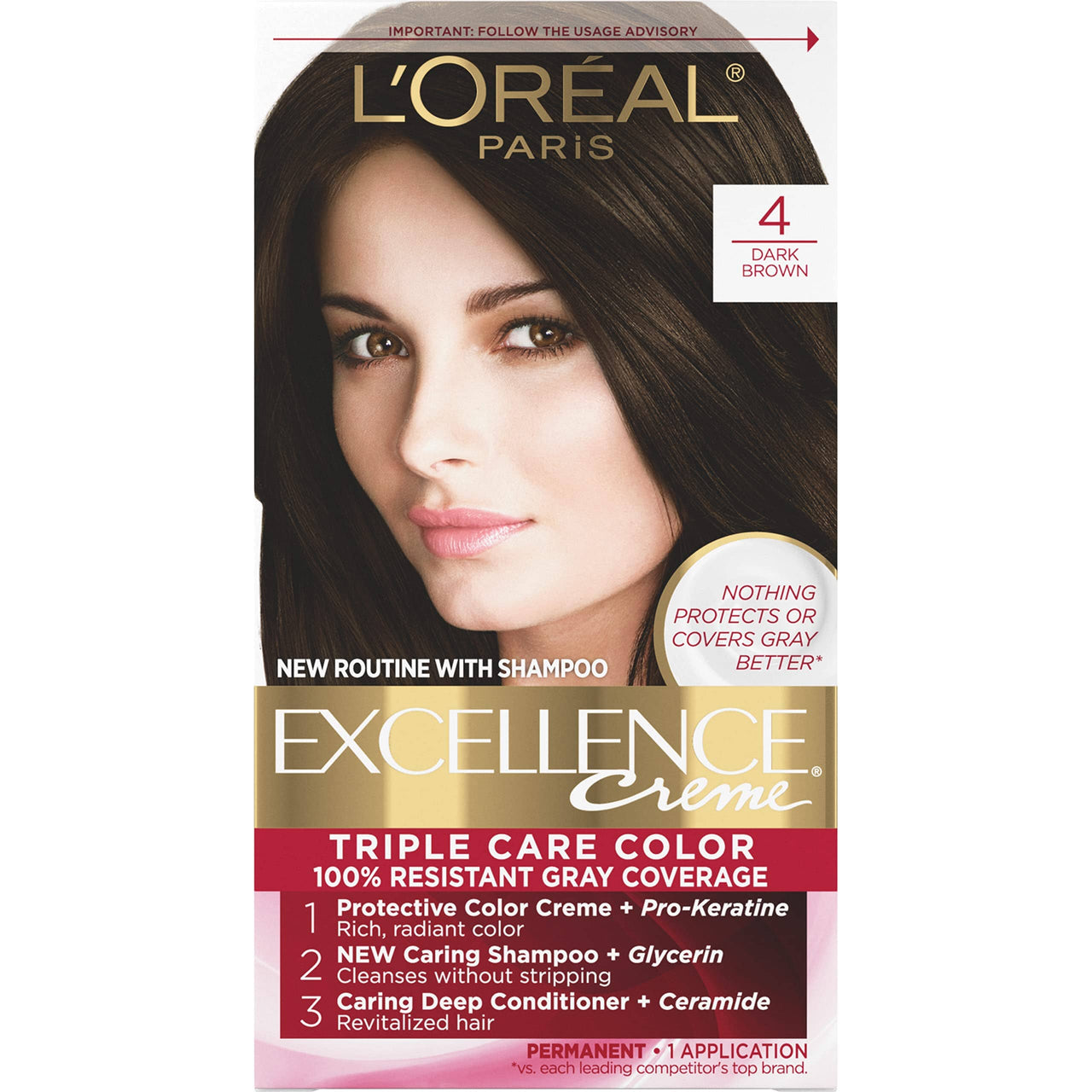 L'Oreal Paris L'Oreal Paris Excellence Creme Permanent Hair Color, 4 Dark Brown, 100 percent Gray Coverage Hair Dye, Pack of 1