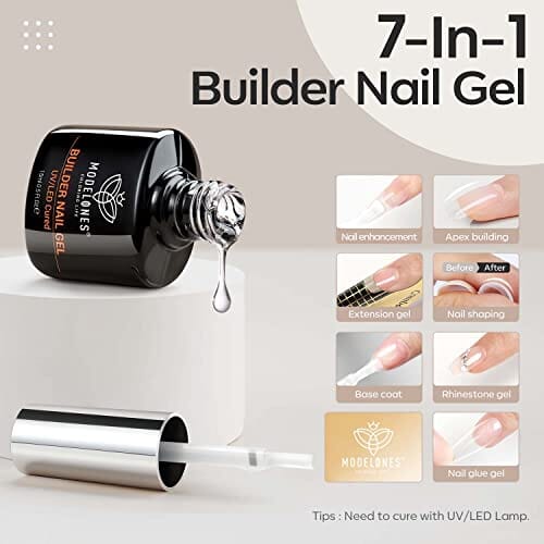 modelones modelones Builder Nail Gel, 7-in-1 Clear Gel Builder for Nail Thickening, LED Nail Lamp Cured Hard Gel Nail Strengthener Extension Gel Base Rhinestone Nail Glue Gel in a Bottle