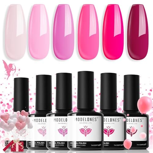 modelones modelones Pink Gel Nail Polish Set 6 Colors, Hot Pink Tones Neon Pink Shades Magenta Sakura Light Soft to Dark Nail Art Design for Women Girls Salon DIY Home Manicure Kit Valentine's Day Nails Gift